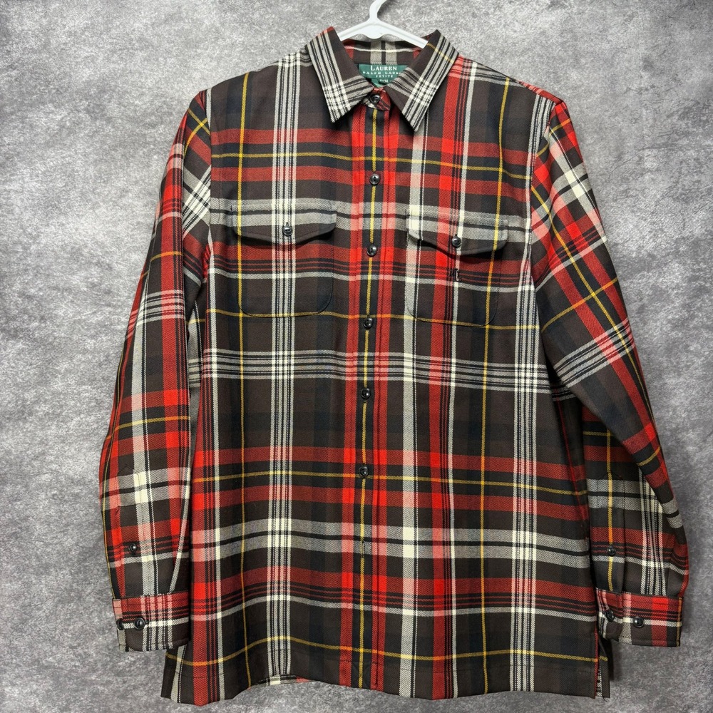 Vintage Lauren Ralph Lauren Worsted Wool Flannel Plaid Button Up Shirt Womens PM